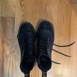 Dr. Martens Black Leather Lace-Up Boots with Yellow Stitching